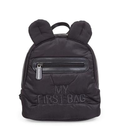 Childhome children's backpack baby school kindergarten crib two compartments lunchbag/bottles suitable removable safety buckle water -repellent my first bag black stepped/black