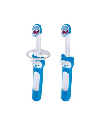 MAM Baby's Brush Set (2 Training Toothbrushes 1 Safety Shield) Baby Toothbrushes with Brushy the Bear Interactive App For Boy 5+ Months Blue