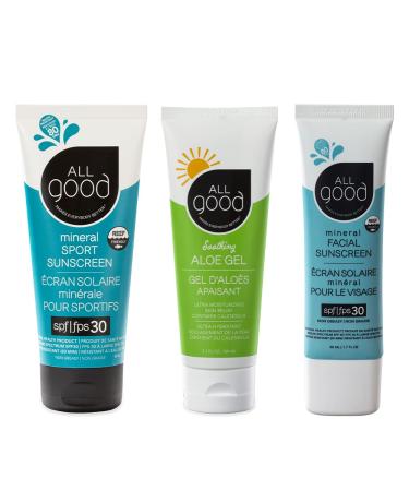 All Good Sport Mineral Sunscreen  Aloe Gel & Facial Sunscreen Bundle - UVA/UVB Broad Spectrum SPF 30+  Water Resistant - Includes (2) SPF 30 Sport Sunscreen  (1) Aloe Gel and (1) SPF 30 Facial Sunscreen