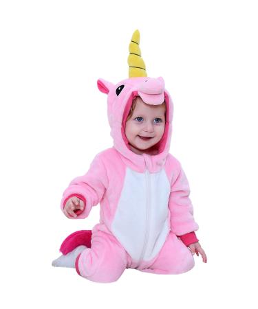 Doladola Baby Boys Girls Flannel Animal Hooded Unicorn Rompers Toddler's Jumpsuits Infant Outfit 0-3 Months Pink