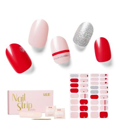 NAILOG Semi Cured Gel Nail Strips 34 pcs Salon-Quality Gel Nail Stickers Long Lasting Nail Wraps for Women with Soft Gel Finish Baby Pink & Red Heart Print Love Note