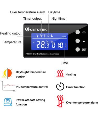 KETOTEK Digital Dimming Thermostat Reptile Day/Night Timer | PID Temperature Controller for Heat Lamps, Terrariums, Aquariums | Waterproof Sensor Probe KT5000 - Buy Online on SooperMarket.com