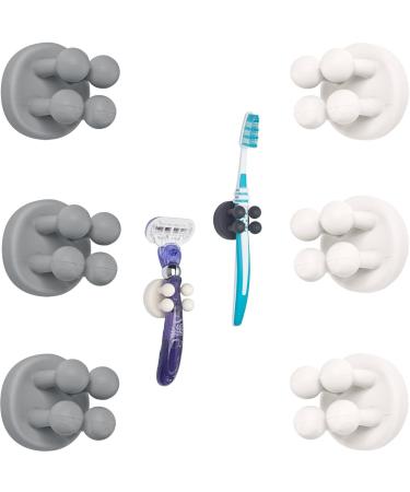 Tecbull Funny Hooks toothbrush holder razor holder shower razor bracket without drilling toothbrush bracket Self -adhesive clamping holder for toothbrushes (6x gray/white + 6x replacement adhesive pad) 3x gray + 3x white
