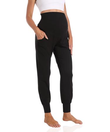 Foucome Women's Maternity Jogger Pants Over Belly Sweatpants Stretchy Pregnancy Workout Lounge Pants with Pockets Black Large