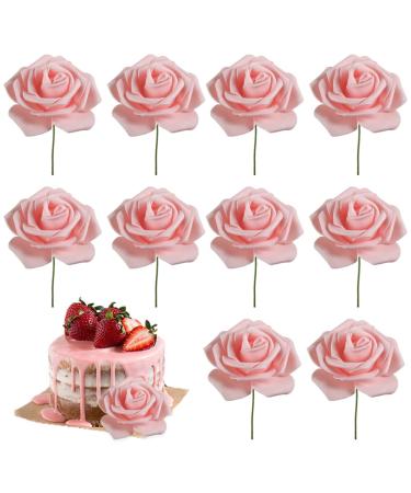 Womens Day Cake Topper Pink Rose Flower Cake Topper for 3.8 Goddess Festival Mother Day Party Cake Decorations 10pcs 7.5x20 Cm