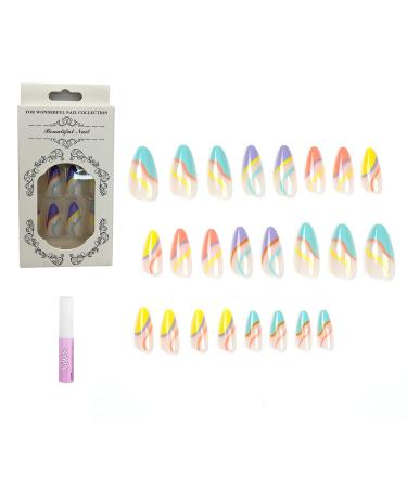 Luvadeyo 24 PCs Almond Press-On Nails | Rainbow Acrylic Fake Nails with Glue for Women & Girls - Buy Online on SooperMarket.com