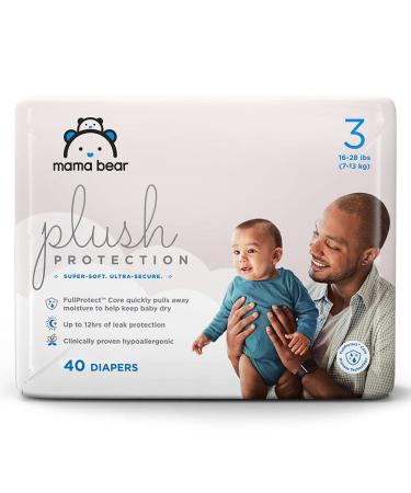 Amazon Brand - Mama Bear Plush Protection Size 3 Diapers, Ultra-soft, Hypoallergenic, Dermatologist Tested, For Babies Weighing 16 to 28 Pounds, Assorted Print, 40 Count Size 3 (40 Count)