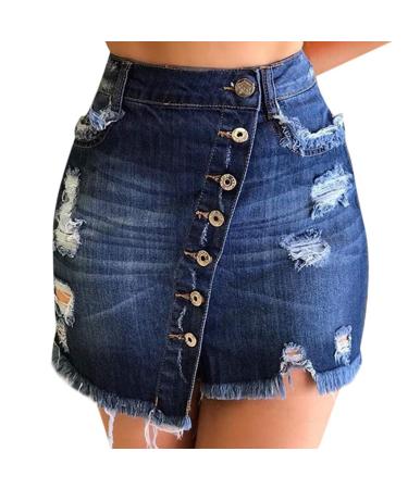 Sanahy Women's Bodycon Front Split Frayed Dark Washed Mini Denim Pencil Skirt Button Front Asymmetrical Distressed Jean Short Skirt M Navy