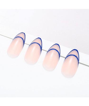 Glossy Almond Press on Nails Blue Line - 24Pcs Medium Oval Geometric French Tips for Women and Girls - Buy Online on SooperMarket.com