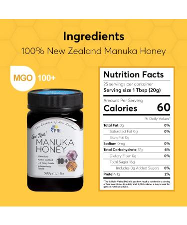 PRI Manuka Honey MGO 100+ | 500g Raw Monofloral New Zealand Honey - Buy Online on SooperMarket.com