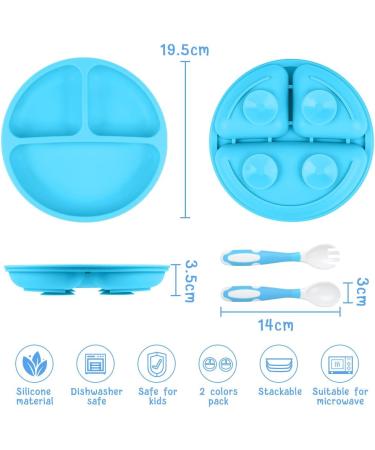 Vicloon Baby Silicone Suction Plates 2Pcs - Non Slip Divided Dishes for Toddler Self Feeding - Blue/Green - Buy Online on SooperMarket.com