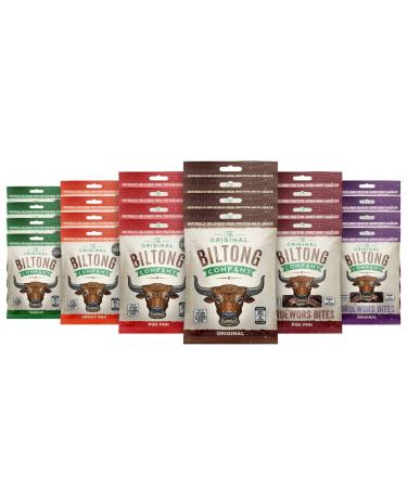 Meat Snack Box 4flavours Original Smoky BBQ Piri Piri & Garlic biltong & droewors Tasty High Protein Low Fat Gluten & Nitrate Free. (4 flavours 24 x 30g) All 4 flavours 24 x 30g
