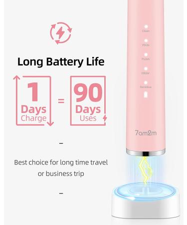 7am2m Sonic Electric Toothbrush - 6 Brush Heads, 90-Day Charge, 5 Modes, Smart Timer - Light Pink - Buy Online on SooperMarket.com