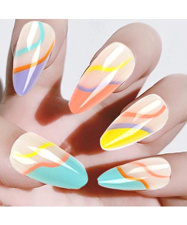 Luvadeyo 24 PCs Almond Press-On Nails | Rainbow Acrylic Fake Nails with Glue for Women & Girls - Buy Online on SooperMarket.com