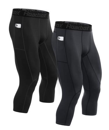 Roadbox 2 Pack Men's 3/4 One Leg Compression Pants - Basketball Athletic Running Tights Leggings Spandex Base Layer Underwear Black02+gary02 Large