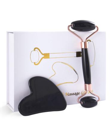 ZEEBA Face Roller and Gua Sha Set : Natural Jade Face Roller Facial Roller Massager Beauty Skin Care Tools for Face Neck Eye Body Muscle Relaxing and Anti Wrinkles(Black)