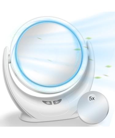 Lighted Makeup Mirror with Weak Wind's Fan  1X/5X Magnifying Vanity Mirror with 30 LED Lights  3 Lighting Modes Dimmable 90 Degree  Light Up Mirror for Travel  Portable Cosmetic Mirror  Button Control