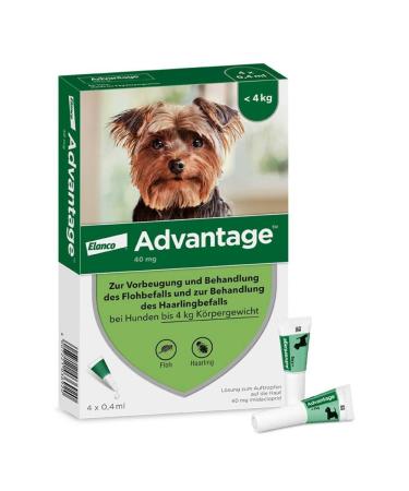 Elanco Advantage Spot-on 40 For very small dogs up to 4 kg body weight quick control of fleas and protection against flea attack for up to 4 weeks 4 pipets with 0.4 ml solution