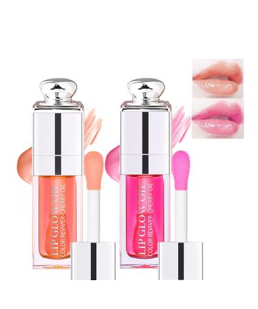 Aaiffey 2 Colors Hydrating Plumping Lip Glow Oil Moisturizing Lip Oil Gloss Transparent Glossy Lip Gloss Primer Lip Tint for Lip Care and Dry Lip (001+007)