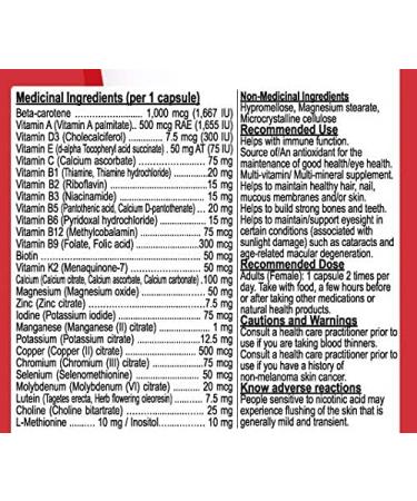 Nutridom Daily Multivitamin for Women over 50 with Beta-carotene Vitamin A D3 E C B K2 Biotin Calcium Magnesium Zinc Iodine Manganese Pottasium Copper Chromium Selenium Molybdenum Lutein Choline L-Methionine Inositol (60 Vegan capsules) - Buy Online on SooperMarket.com