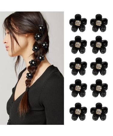 ATODEN Mini Flower Hair Clips Small Claw Clips Black 10 Pcs Rhinestone Tiny Clips for Thin Hair Cute Toddler Hair Clips Little Daisy Jaw Clips Hair Accessories for Women Girls Kids Teens Black (Rhinestone)