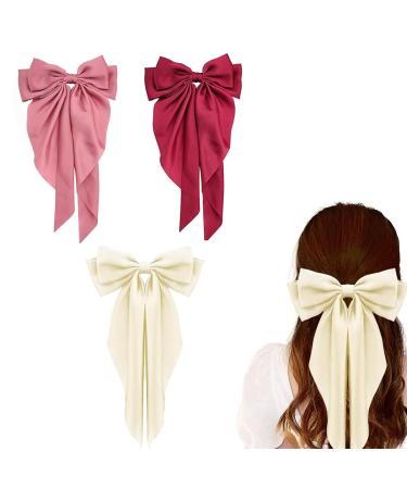 DHWEKU 3 Pieces Hair Clips with Big Bow Soft Silky Satin Hair Clip Long Tail French Ribbon Hairpins 90s Bowknot Clip for Party Christmas Women Girls
