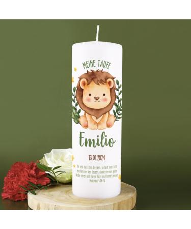 Striefchen Personalized Lion Baptism Candle - 250/80 mm with Custom Name Date & Animal Motifs for International Shipping - Buy Online on SooperMarket.com