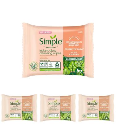Simple Protect N Glow Instant Glow Biodegradable Wipes dermatologically tested for sensitive skin 20 wipes (Pack of 4) 20 count (Pack of 4)