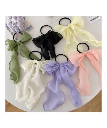 Bow Hair Ties Ribbons Scrunchies Women Girls Scarf Scrunchie Chiffon Bowknot Bunny Ear Scrunchy Long Tail Ponytail Holder Summer Hair Bands (6pcs) 6 Ribbon Bow Ties