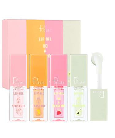 4Pcs Plumping Lip Oil Set for Women, Hydrating Lip Oil with Fruit Extract Formula, Long Lasting Moisturizing Non-sticky Liquid Lip Balm with Soft Brush Head for Dry Lip and Reduce Wrinkles (SET B)