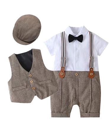 Baby Boy Gentlemen Romper Suits Infant Baby Boys' Christening Gowns Clothing Baptism Jumpsuit Bow Tie Waistcoat with Hat Birthday Wedding Outfits Brown 2-3 Years