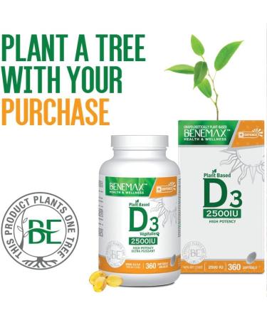 Benemax Vitamin D3 2500 IU For Healthy Bones Teeth and Helps Prevent Vitamin D Deficiency Plant Based & Vegan 360 Day Supply - Buy Online on SooperMarket.com