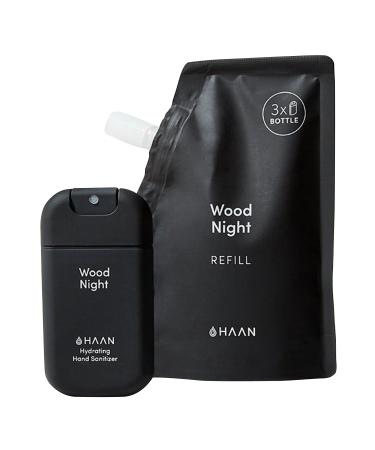 HAAN Hydrating Hand Sanitizer with Aloe Vera  Travel Size + Refill Bag | Cleanses Your Hands - Wood Night Cedarwood Scent  Travel Size (1.01 fl. oz.) + Refill Bag (3.4 fl.oz.)