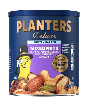 PLANTERS Deluxe Lightly Salted Mixed Nuts 15.25 oz. Resealable Container - Reduced Sodium Mixed Nuts with Cashews Almonds Hazelnuts Pistachios & Pecans - Vegan Snacks Kosher