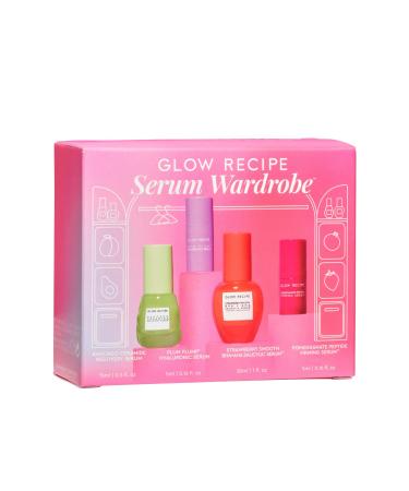Glow Recipe Serum Wardrobe Kit - Avocado Ceramide Serum (15ml) + Strawberry Smooth BHA+AHA Salicylic Serum (30ml) + Plum Plump Hyaluronic Acid Serum + Pomegranate Peptide Firming Serum (5ml) - 4-Piece