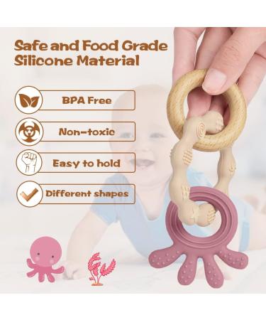 Vicloon Teething Toys for Baby Silicone and Wood Teether Baby Teether Toys Teether Chew Toy Easy to Hold and Clean Up Octopus Teething Toy Silicone chewlery for Boys&Girls (Beige) - Buy Online on SooperMarket.com