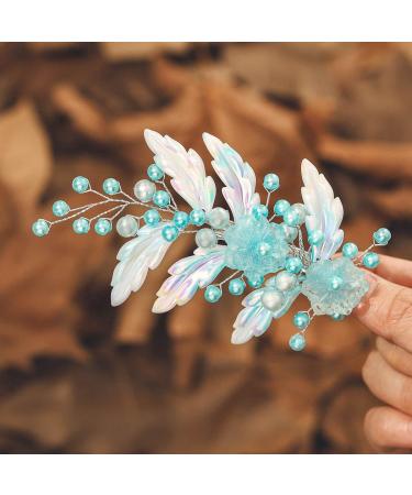 IYOU Blue Bridal Hair Clips Pearl Leaf Mermaid Hair Piece Flower Wedding Communion Barrette Hair Accessories for Women and Girls