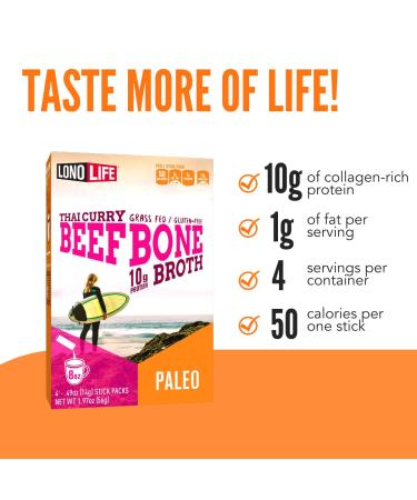 LonoLife Thai Curry Beef Bone Broth Sticks - 10g Collagen Protein - Grass-Fed, Gluten-Free - Keto & Paleo Friendly - 4 Packets - Buy Online on SooperMarket.com