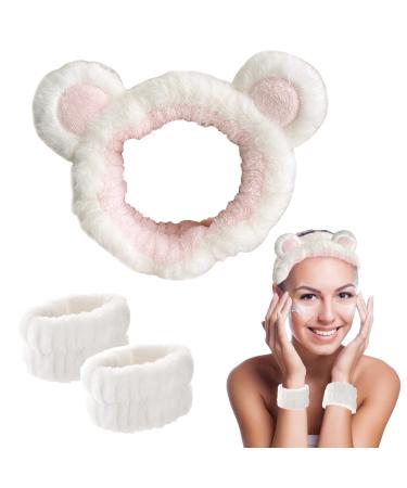 Headbands for Women Makeup Headband Spa Headband for Washing Face and Matching Wristbands Skincare Headbands Hair Band Women Facial Makeup Head Band Soft Fuzzy Head Wraps for Girls (White-Bear Ears)