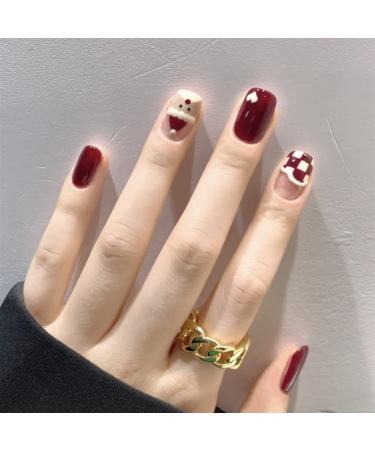 Brishow Christmas False Nails Snow Elk Press on Nails Red Stick on Nails Short Square Fake Nails Full Cover 24pcs for Women and Girls (7)