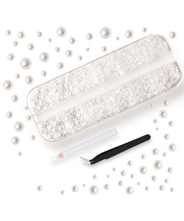Pearls for Crafts  YAEISM 2000PCS Flatback Pearls Rhinestone Multi Size Pearls for Nails with Pickup Pencil and Tweezer for Nail Art and DIY Decoration (White AB)