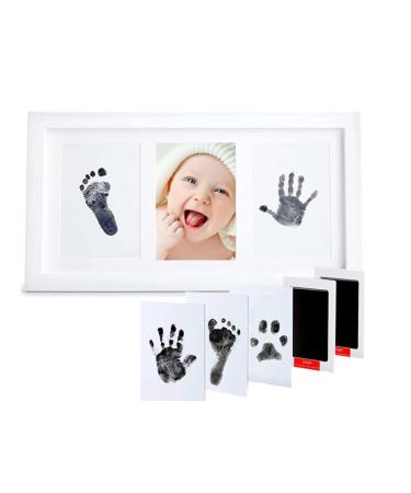Pewingo footprint baby set handprint baby set with 2 ink-free footprint stamp pillow baby and elegant wooden baby picture frame-insane baby gifts for newborn baby party up to 6 months 2 stamp cushion black