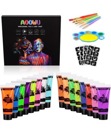 AOOWU UV Glow Face Body Paint Set - 16 Neon Fluorescent Colors - Non-Toxic Makeup Kit for Adults & Kids - Perfect for Parties & Carnivals - Buy Online on SooperMarket.com
