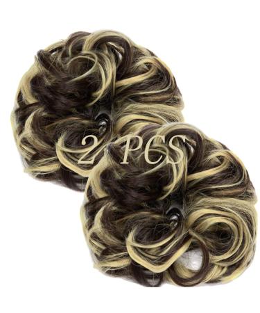 Messy Bun Hair Piece Scrunchies Extension Curly Wavy Updo Hairpieces Synthetic Chignon Ponytail Hair Accessories for Women Girls (Dark Brown Mix Ash Blonde) 2 PCS 20# Dark Brown Mix Ash Blonde