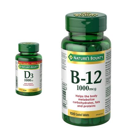 Nature's Bounty Vitamin D3 (1000IU 500 Softgels) and Vitamin B12 (1000mcg 100 Tablets) Bundle