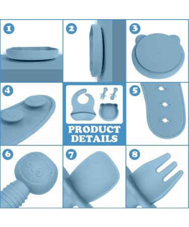 Vicloon Baby Weaning Set - 4 Pcs Silicone Feeding Set | BPA Free Suction Plate, Bib, Spoon, and Fork | Toddlers and Kids Plates | Blue Bear Sucker | Gift for Kids - Buy Online on SooperMarket.com