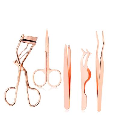 Arroyner 5 Pieces Eyelash Applicator Tool False Eyelashes Applicator Eyebrow Curler Eyebrow Scissors (Rose Golden)