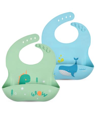 Vicloon Baby Weaning Bibs 2PCS Silicone Baby Bib Waterproof Baby Feeding Bibs Adjustable with Wide Food Catcher Pocket Unisex Toddler Bibs (Blue-Green)