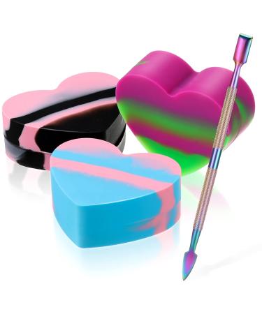 3 Pieces Heart Shaped Silicone Wax Containers Assorted Colors Silicone Container Jar Heart Shaped Wax Storage Jars Non Stick Oil Wax Concentrate Container and Stainless Steel Carving Tool for Painting