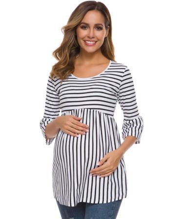 Love2Mi Maternity Blouse - A Line Pregnancy Shirt - 3/4 Bell-Sleeve - White Black Stripe - Buy Online on SooperMarket.com